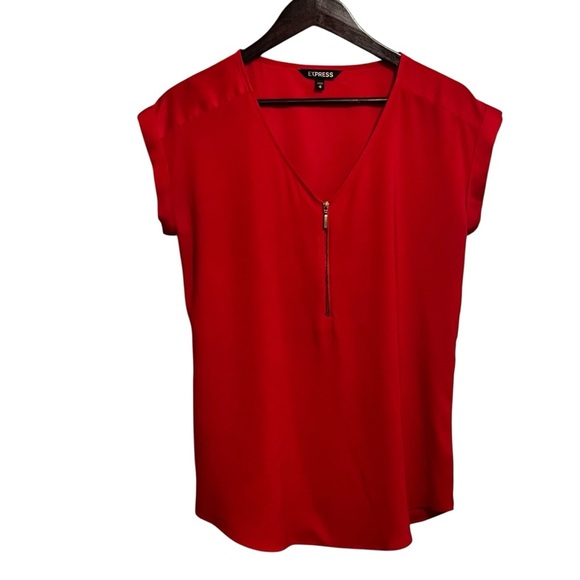 Express Zip Front Cap Sleeve Career Red Blouse Medium - Picture 1 of 7
